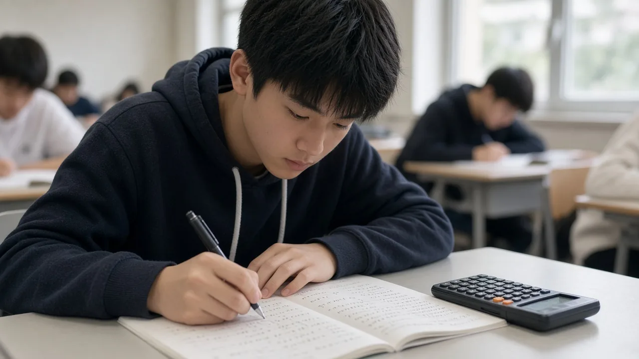 East Asian student working through exam-style maths