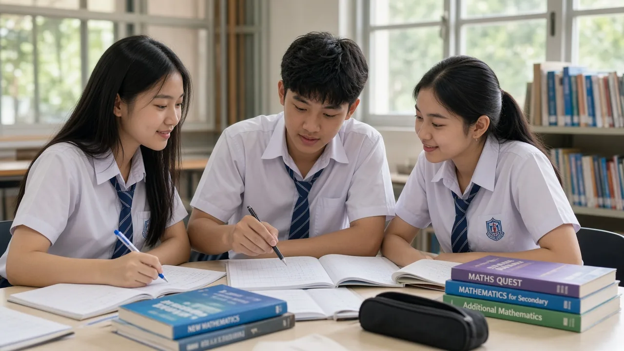 East Asian students revising maths in uniform