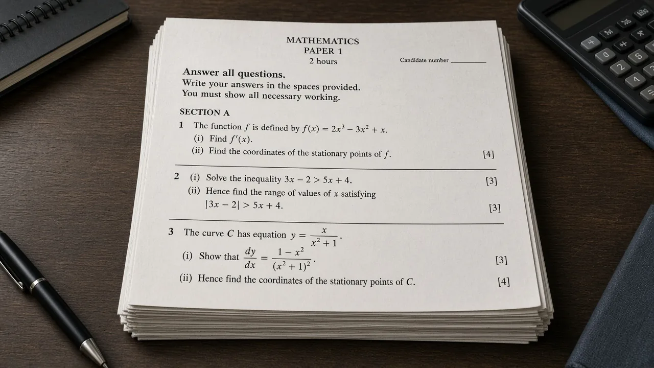 Stack of mathematics exam papers and past-paper booklets