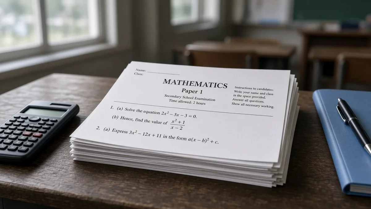 School maths exam paper folders on a teacher desk